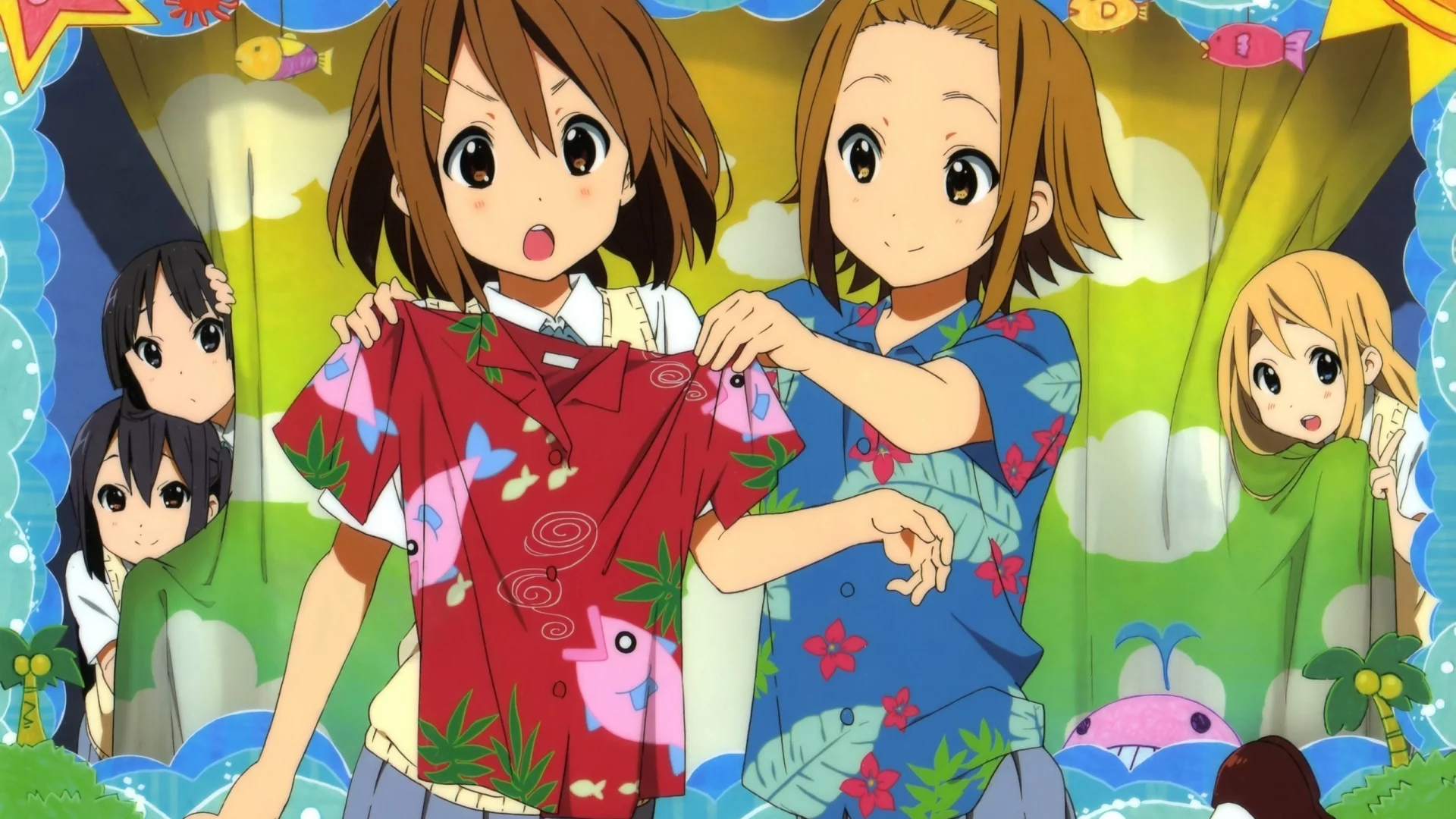 k-on, футболки, адзуса, мио, юи, муги, примерка, ритсу