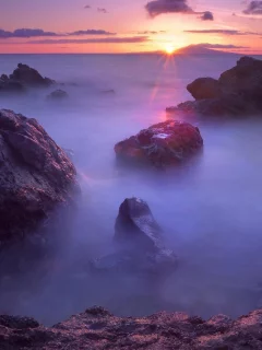 пейзаж, туман, камни, скалы, вечер, закат, солнце, облака, вода, море