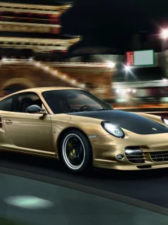 суперкар, turbo s, огни ночного города, золотого цвета, порше, турбо с, 10 year anniversary edition, юбилейная версия, 911, porsche, китайкий храм