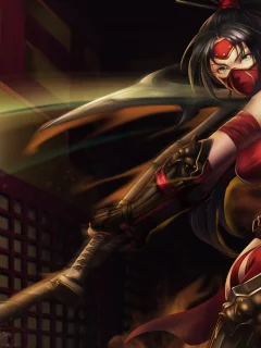 девушка, akali, оружие, league of legends, повязка, движение, топор