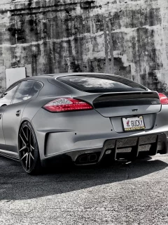 panamera, порше, серый, стена, панамера, porsche, тюнинг, turbo, турбо, суперседан, tuning, задняя часть