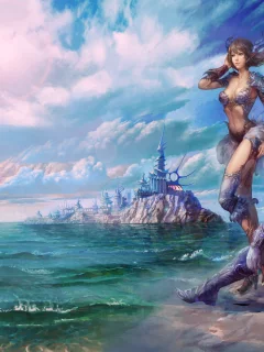 warriors, mmorpg, море, небо, облака, замок, fantasy, девушка, горы, доспехи, game wallpapers, фэнтези, perfect world, воин
