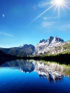 горы, пейзаж, солнце, небо, perfect highlands, ослепительное, голубое, отражение, lake mirror, озеро