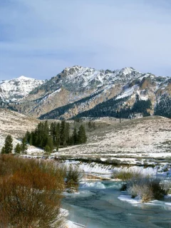 пейзаж, снег, горы, кусты, природа, зима, река