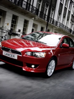 mitsubishi, улица, красный, sedan, x, здание, lancer, фасад, митсубиши