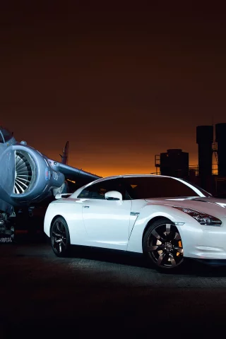 r35, gtr, nissan, самолёты, аэродром, закат, godzilla, белый