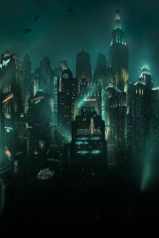 рыбы, небоскребы, подводный, восторг, город, вывески, bioshock, огни