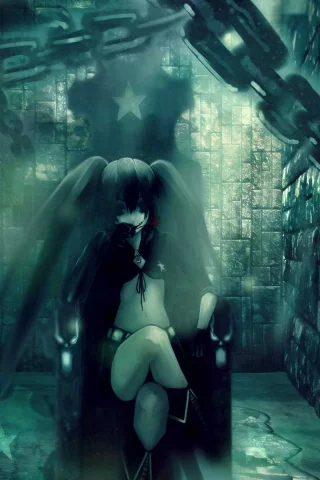 стены, кресло, девушка, звезды, black rock shooter, цепи