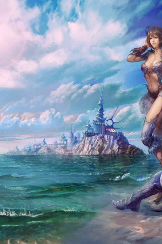 warriors, mmorpg, море, небо, облака, замок, fantasy, девушка, горы, доспехи, game wallpapers, фэнтези, perfect world, воин