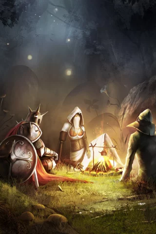 костер, воин, ночь, привал, щит, trine 2, лес