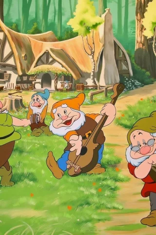 танцы, disney, лес, дисней, дом, белоснежка и семь гномов, мультфильм