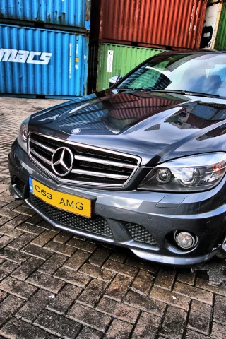 c63, amg, hdr, mercedes c63 amg, контейнеры, авто в порту, лужи, отражение, машина