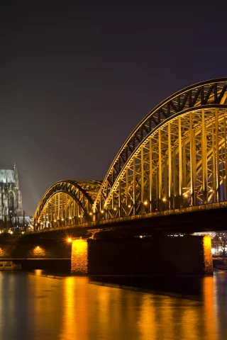 река, germany, огни, ночь, собор, мост, германия, cologne, rhine, кёльн