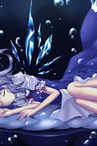 touhou, сырно, девушка, девушка, cirno, платье, тохо, спит