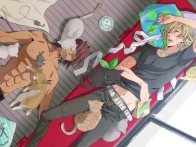kaburagi t kotetsu, котэ, кошки, диван, комната, barnaby brooks jr, спят, tiger & bunny, парни