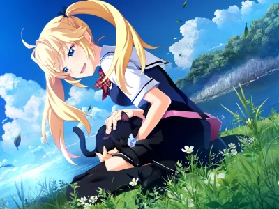цветы, река, хвостики, grisaia no kajitsu, кошка, играет, листья, девочка, облака