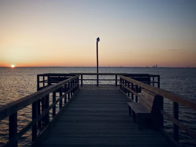 wallpapers, скамейка, пирс, настроение, обои, море, закат, горизонт, солнце