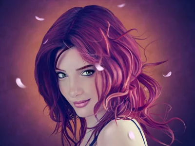 sexy eyes, волосы, лиловые, susan coffey, арт, зелёные. глаза, лепестки, взгляд, модель