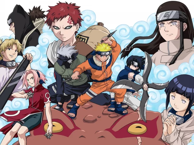 naruto, kankuro, hinata, nedji, gara, sakura, temari, kakashi, saske