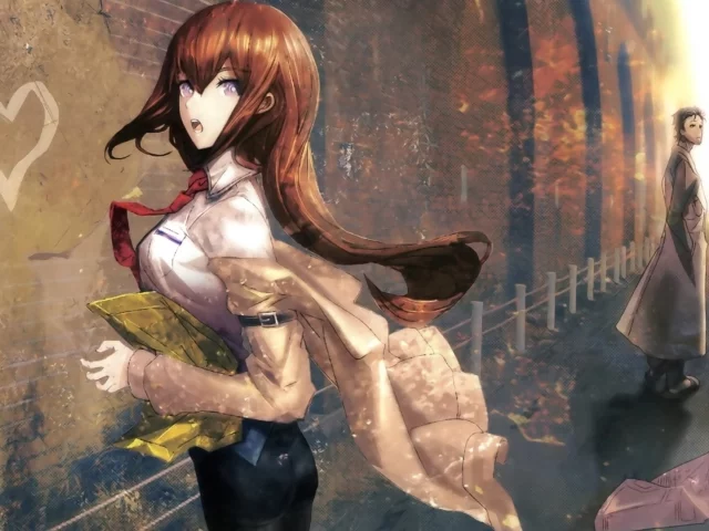 город, makise kurisu, парень, заборчик, сердечко, steins gate, девушка, стена, арт, okabe rintarou