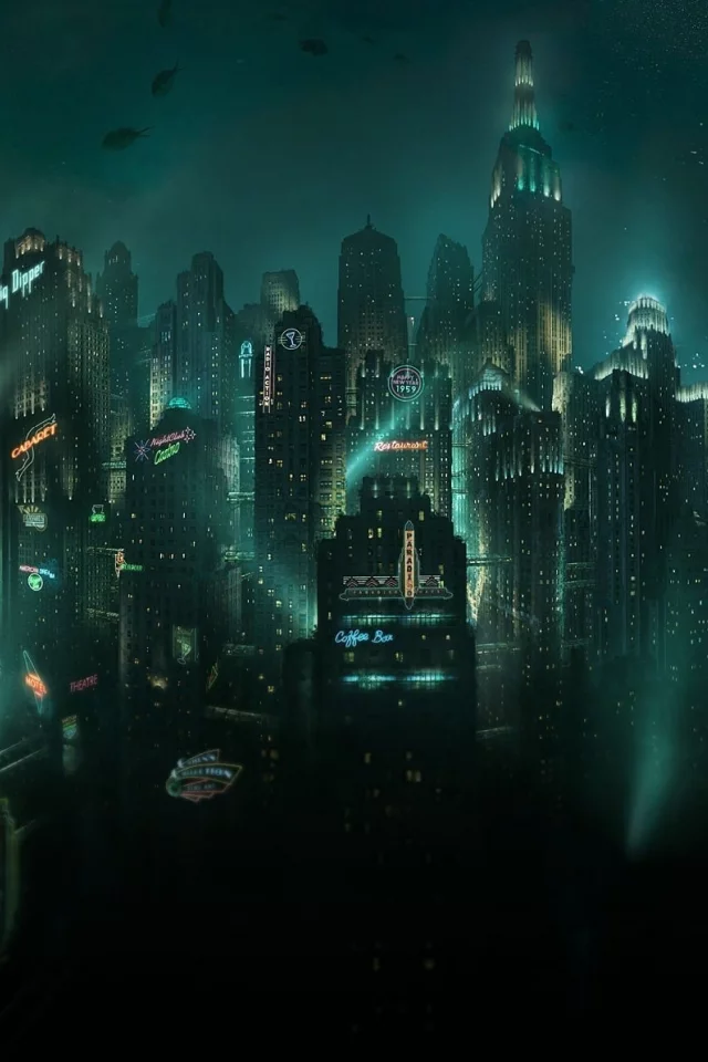рыбы, небоскребы, подводный, восторг, город, вывески, bioshock, огни