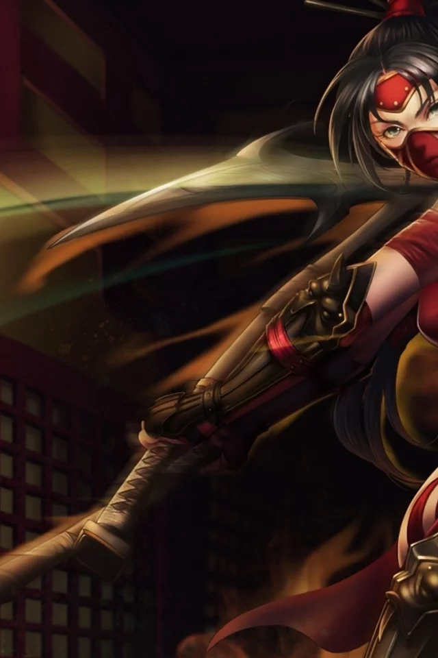 девушка, akali, оружие, league of legends, повязка, движение, топор