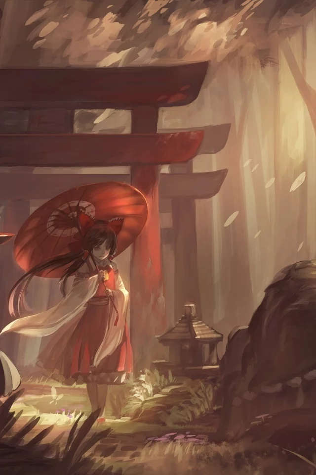 камни, бабочка, ibuki suika, лес, зонт, цепи, рога, ворота, пиала, девушки, touhou, рисунок, hakurei reimu