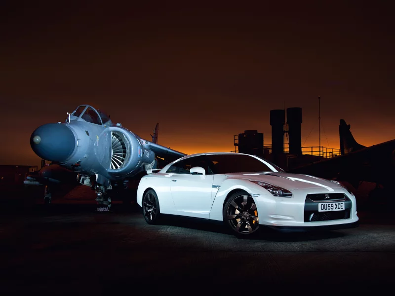 r35, gtr, nissan, самолёты, аэродром, закат, godzilla, белый