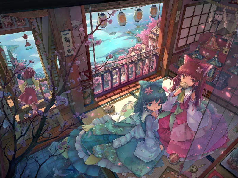 веер, сакура, фонари, девочки, дом, touhou, балкон, цветы, подруги, комната