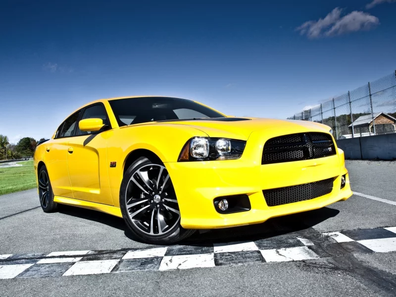 гоночная трасса, muscle car, dodge, charger, желтый, додж, super bee, супер бее, srt8, чарджер, мускул кар, небо, передок, срт8