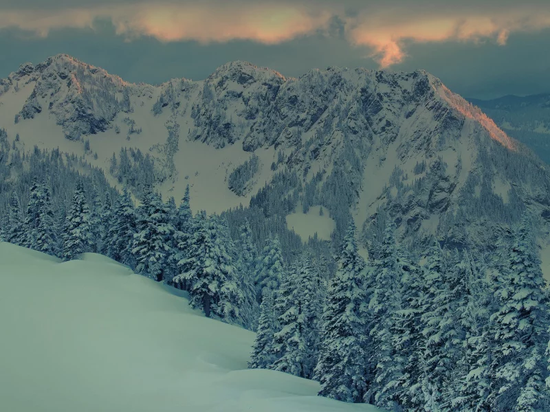 вечер, лес, пейзажи, закат, зима, сумерки, горы, снег, landscape