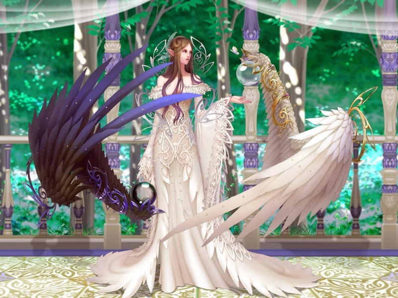 колонны, dinah, fallen angel, белое и чёрное, game wallpapers, крылья, wen m, cg wallpapers, девушка, wings, anima beyond fantasy, балкон, эльф, black & white, перила, деревья, ангел