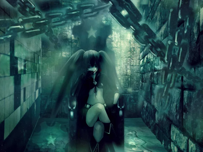 стены, кресло, девушка, звезды, black rock shooter, цепи