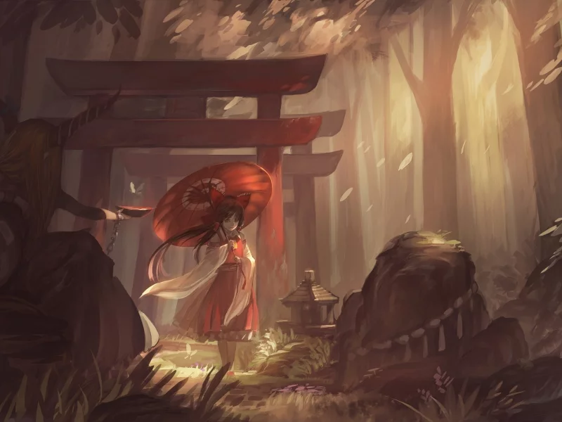 камни, бабочка, ibuki suika, лес, зонт, цепи, рога, ворота, пиала, девушки, touhou, рисунок, hakurei reimu