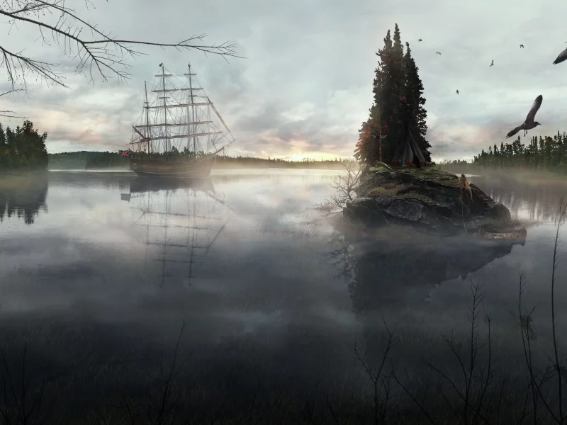 корабль, лес, озеро
