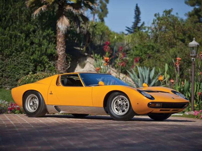 красивая машина, sv, 1971, кусты, lamborghini, передок, цветы, желтый, miura, миура, деревья, сад, ламборгини, p400, суперкар