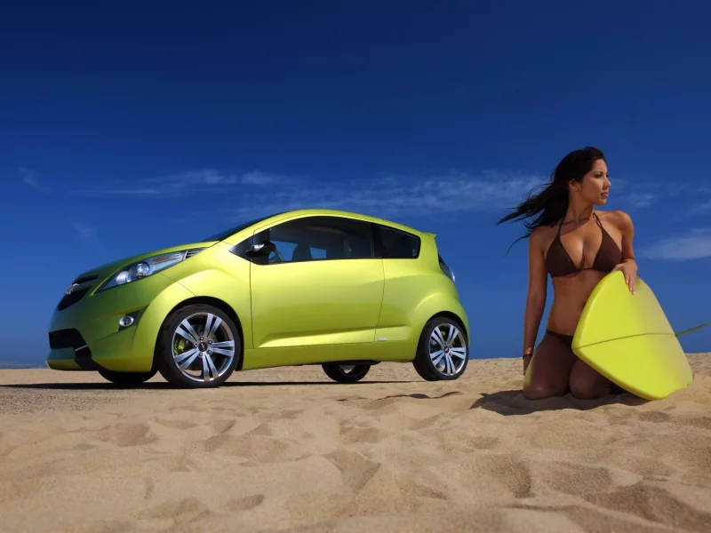 серфинг, chevrolet, девушка, пляж, автомобиль, небо