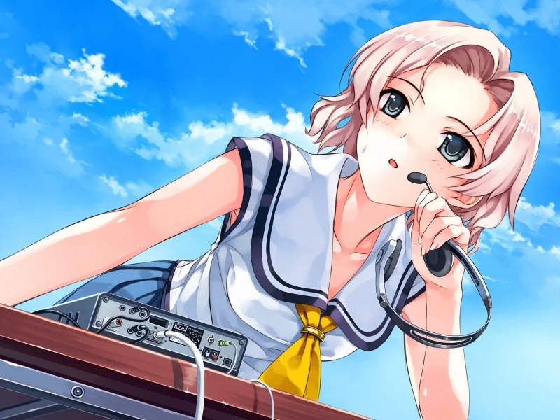 deep blue sky pure white things, аниме, девушка, микрофон, наушники