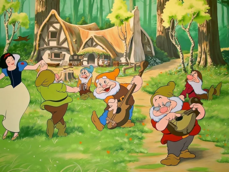 танцы, disney, лес, дисней, дом, белоснежка и семь гномов, мультфильм