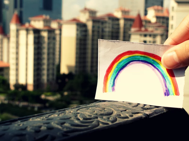 город, краски, rainbow, city, бумага, рисунок, радуга