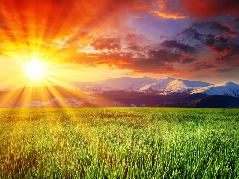 зелёный, красивое, заснеженные, луг, солнце, splendid landscape, ослепительное, небо, облака, горы