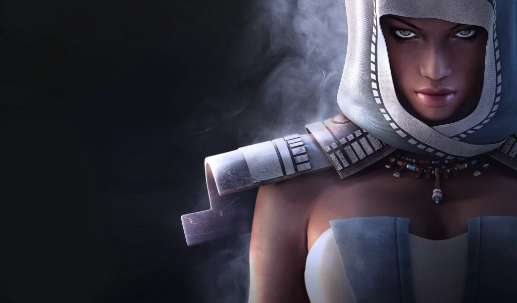 темный фон, девушка, туман, guild wars nightfall, капюшон