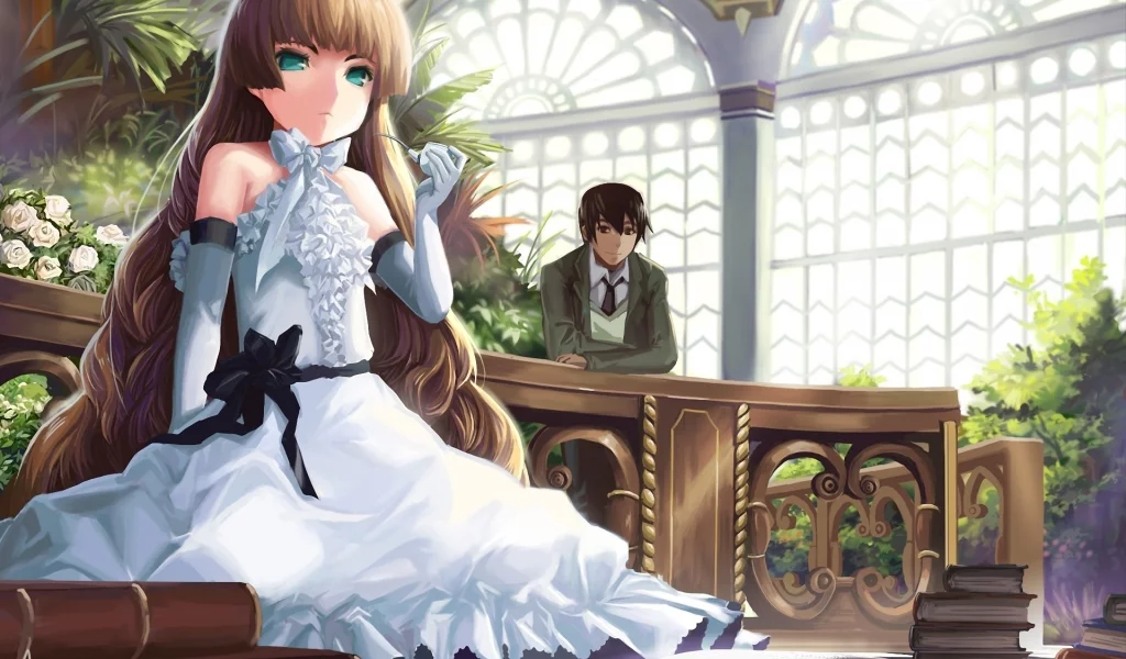 gosick, розы, книги, akizone, арт, цветы, библиотека, парень, victorique de broix, трубка, kujou kazuya, девочка, платье