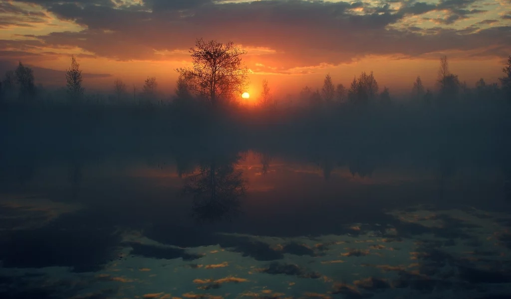 солнце, небо, вода, отражение, деревья