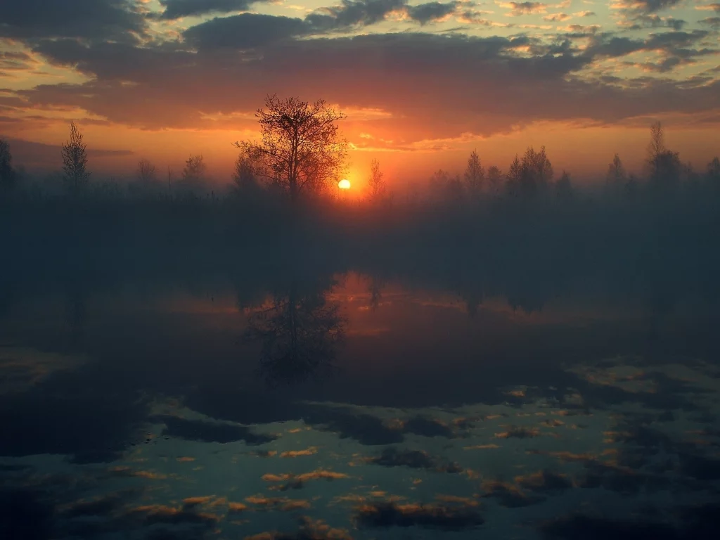 солнце, небо, вода, отражение, деревья