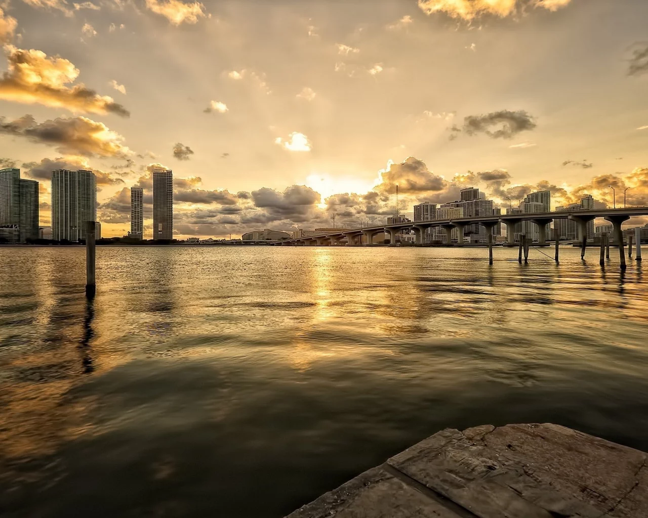 река, майами, мост, вечер, дома, miami, город, облака, здания, закат