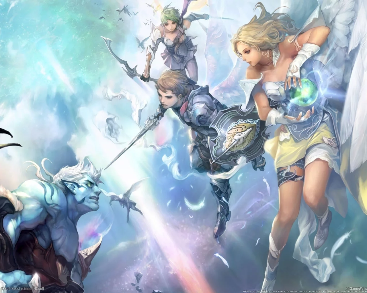 ангел, крылья, битва, перья, девушки, aion, оружие, tower of eternity, меч, демон, магия