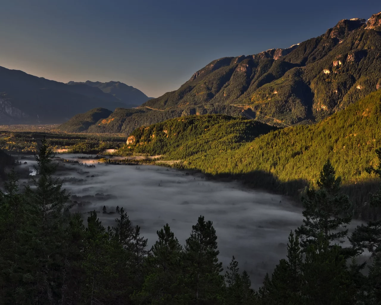 скалы, лес, долина, деревья, горы, канада, туман, squamish valley, сквамиш