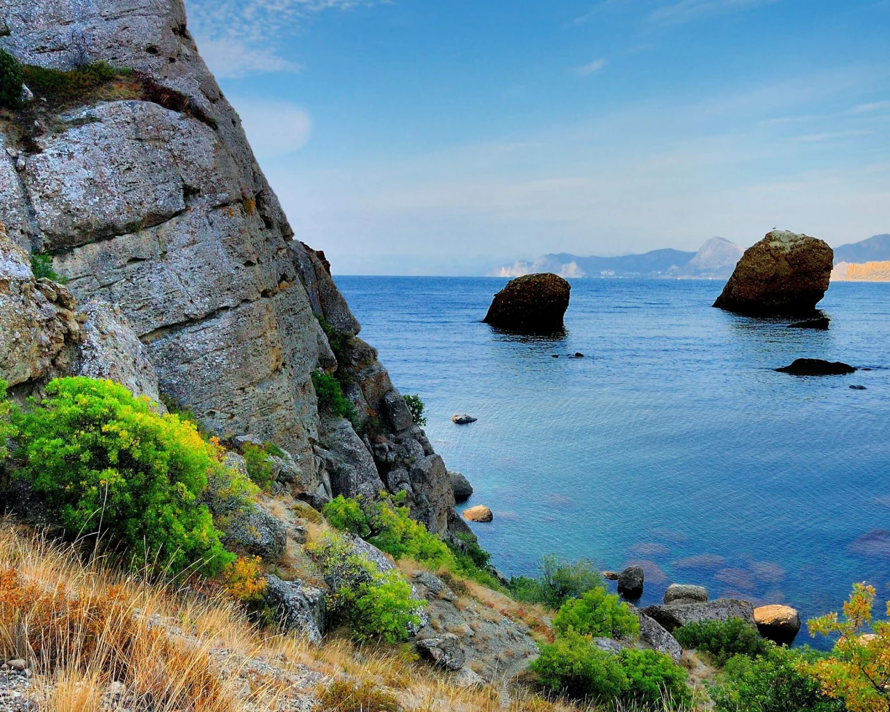 скала, крым, кусты, море, черное, горы, берег, камни