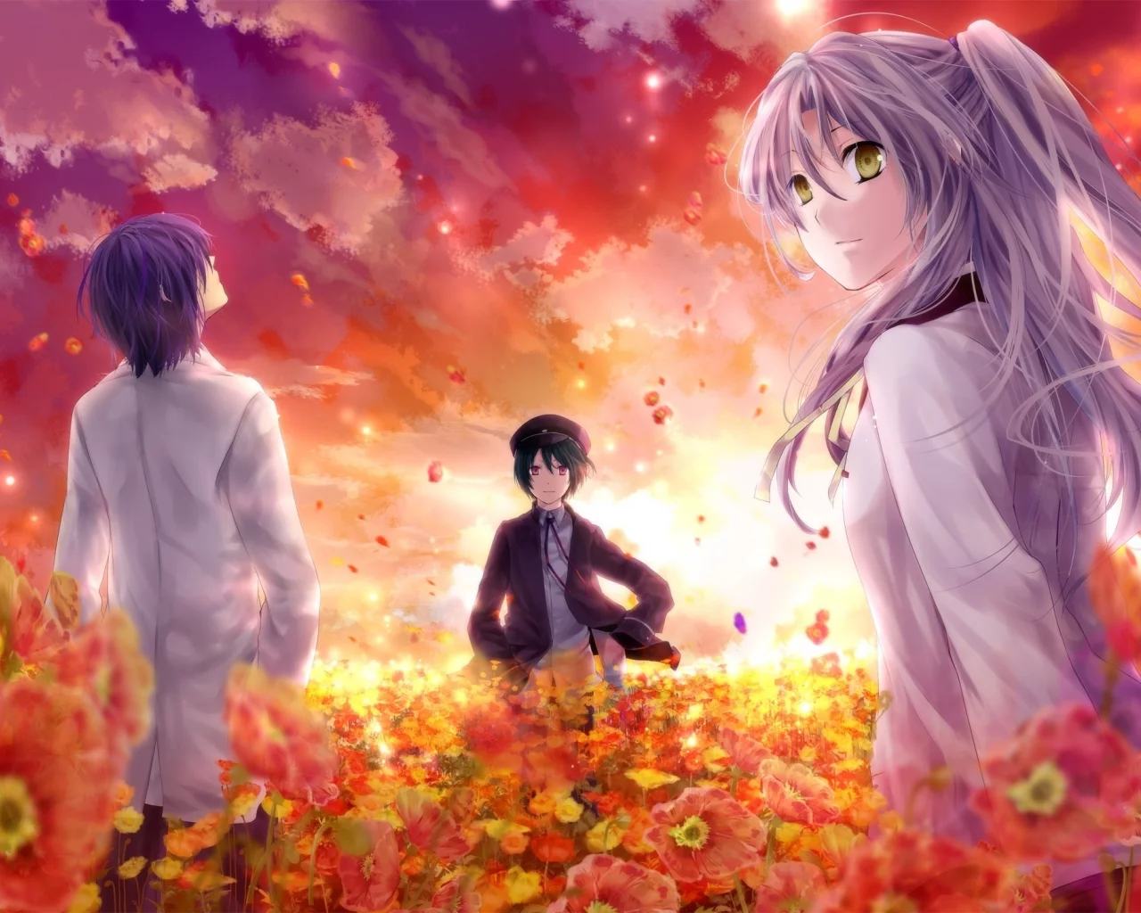 канадэ татибана, хидэки хината, angel beats, небо, аято наои, цветы
